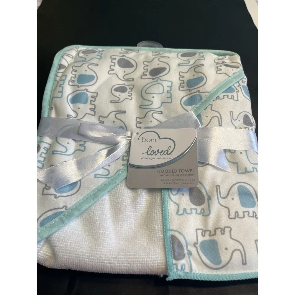 2pc New Born Loved Elephant Hooded Baby Bath Towel Washcloth Set Shower Gift